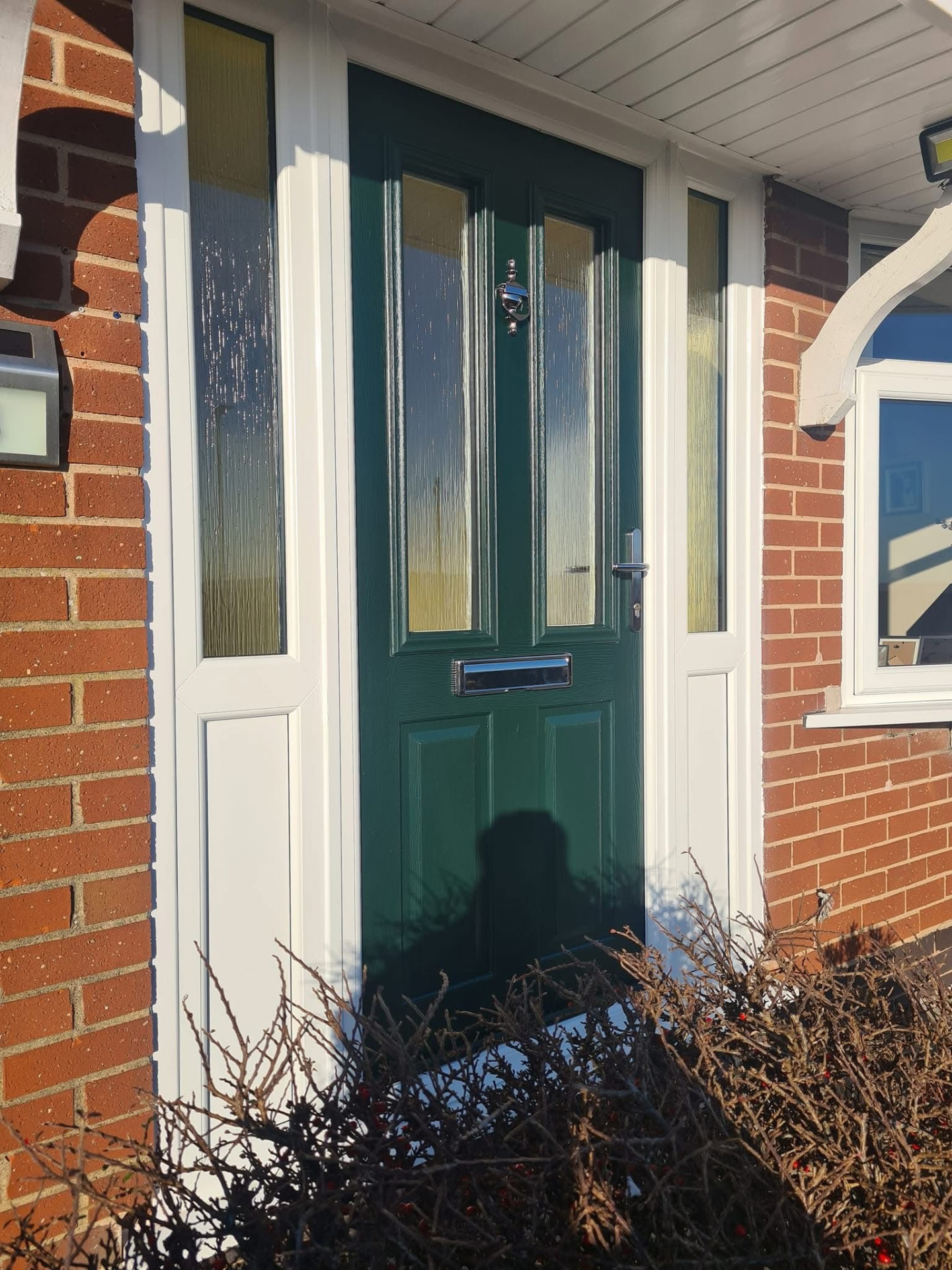 Forest green composite door with two vertical glass panels and gold hardware